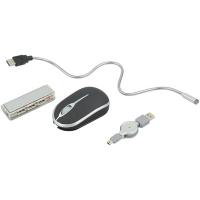 Набор компьютерных аксессуаров в футляре: оптическая мышка, USB Hub на 4 порта, лампа на гибком шнуре, работающая от USB, переходник